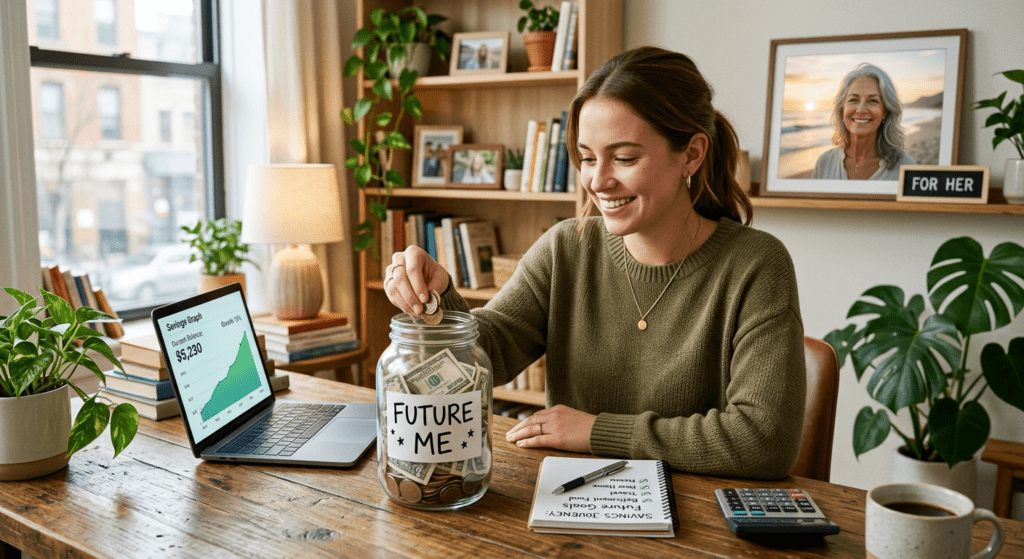 woman saving money for future self