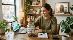 woman saving money for future self